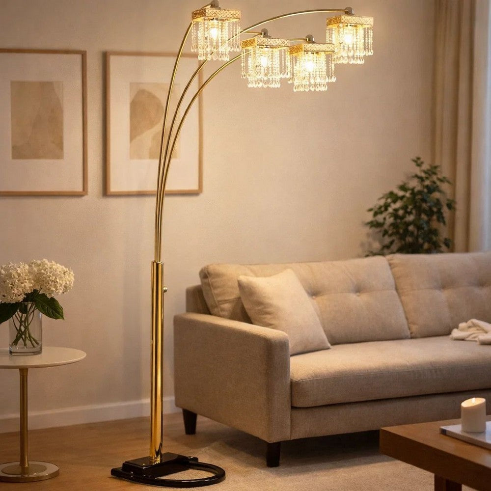 84" Accent Arch Floor Lamp | Hanging 4 Square Crystal Shades | Gold