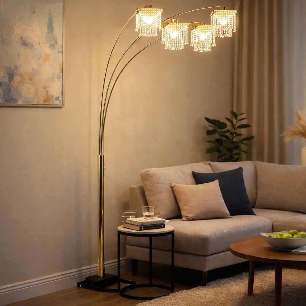 84" Accent Arch Floor Lamp | Hanging 4 Square Crystal Shades | Gold