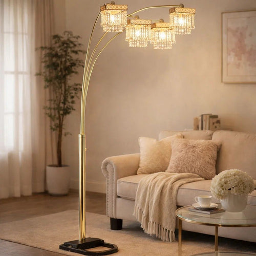 84" Accent Arch Floor Lamp | Hanging 4 Square Crystal Shades | Gold