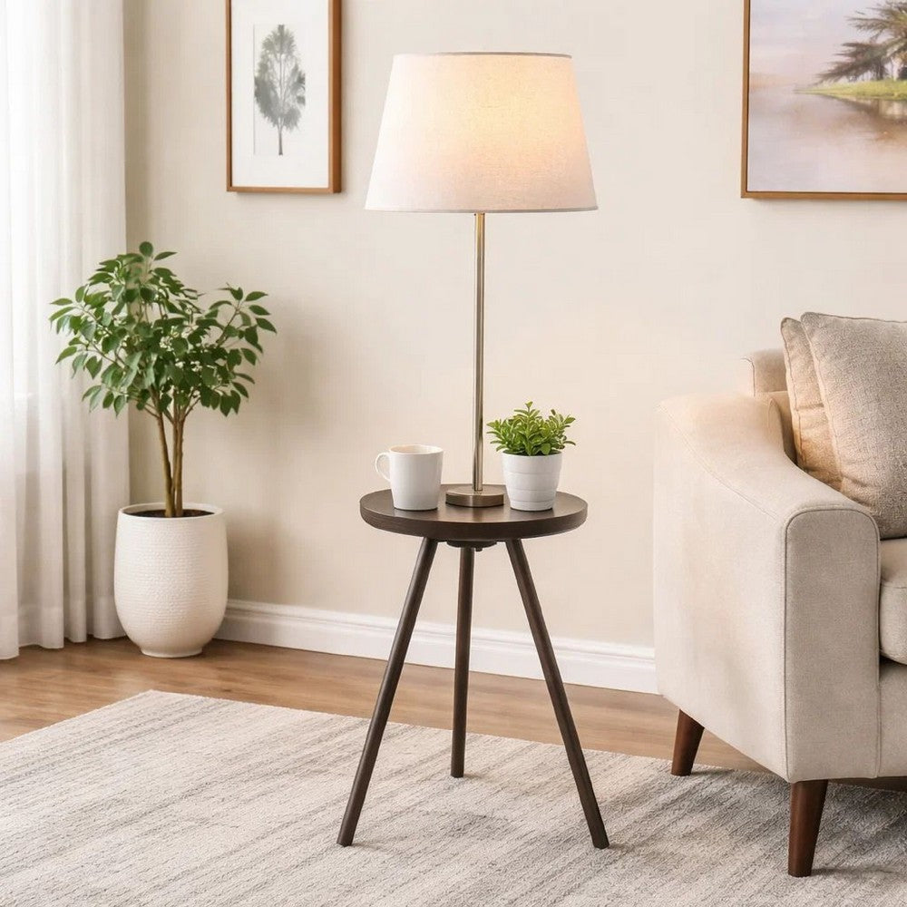 Accent Table Lamp w Side End Table | White Drum Shade | Espresso Brown