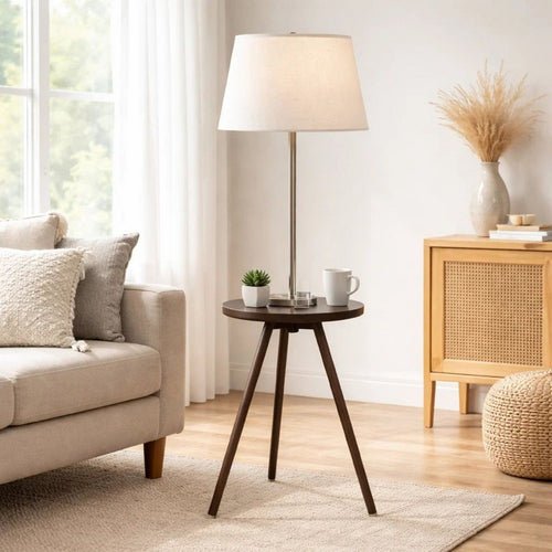 Accent Table Lamp w Side End Table | White Drum Shade | Espresso Brown