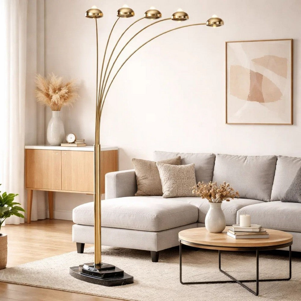 Keny 84" Floor Lamp | 5 Adjustable Cap Style Heads | Gold Metal