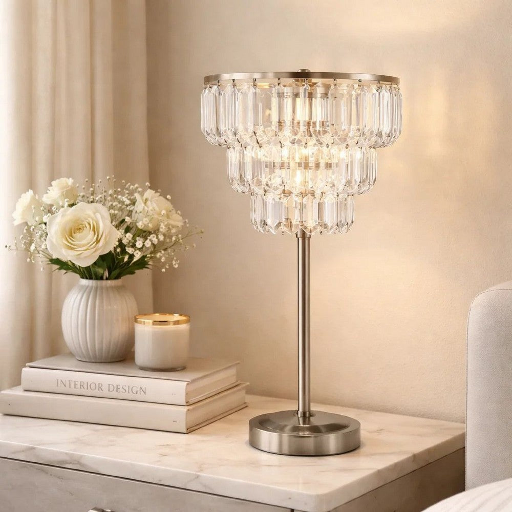 Lesy Accent Table Lamp | 28" | Chrome Crystal Shade | Round Metal Base