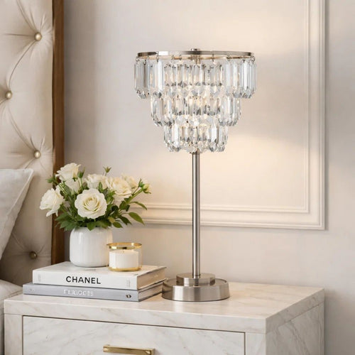Lesy Accent Table Lamp | 28" | Chrome Crystal Shade | Round Metal Base