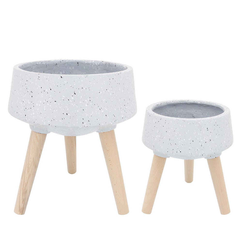 Indoor Outdoor Planter Set of 2 | Gray Terrazzo & Brown Wood Legs