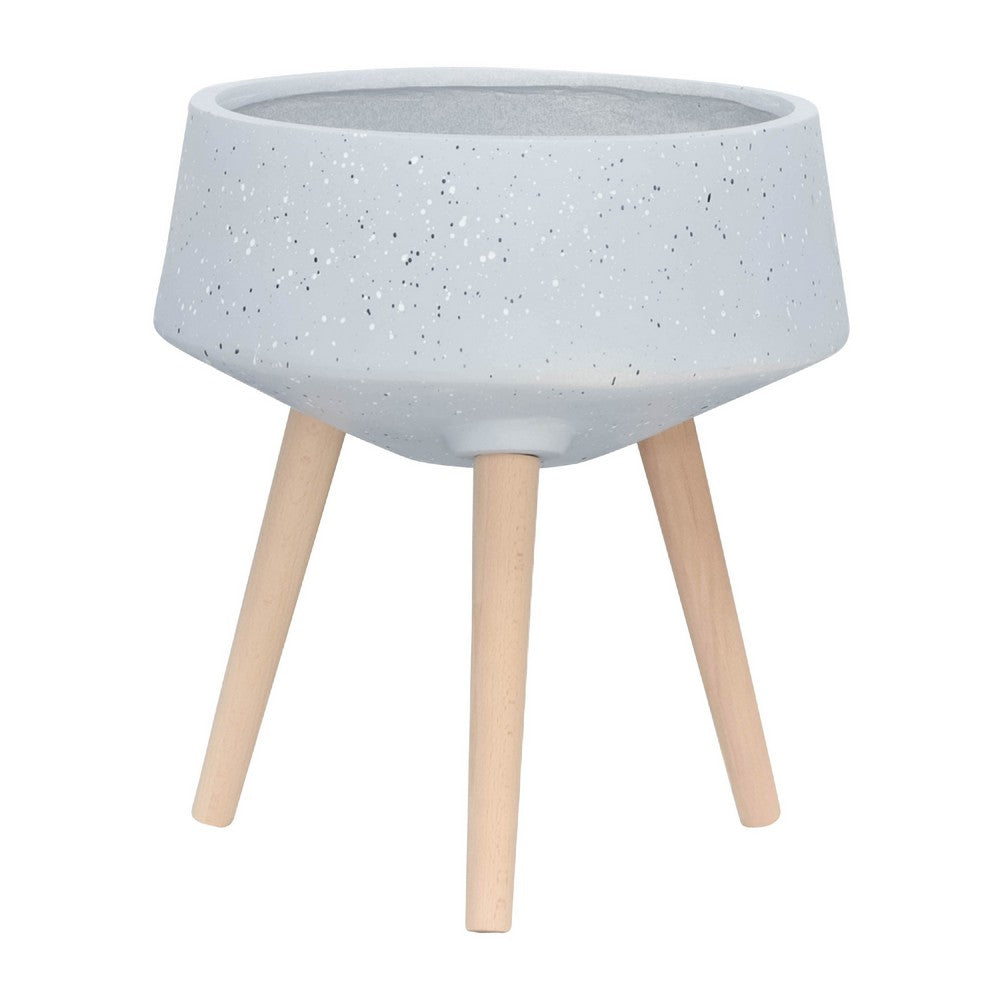 Indoor Outdoor Planter Set of 2 | Gray Terrazzo & Brown Wood Legs