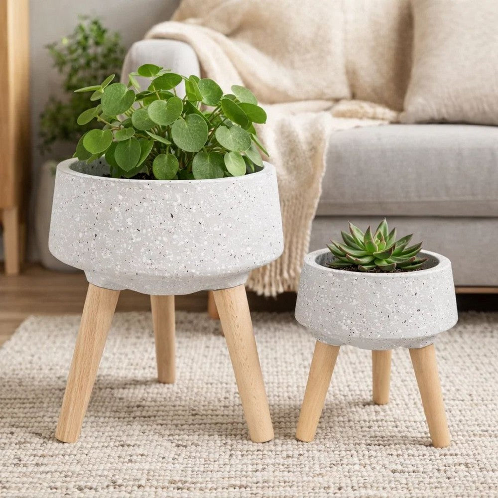 Indoor Outdoor Planter Set of 2 | Gray Terrazzo & Brown Wood Legs
