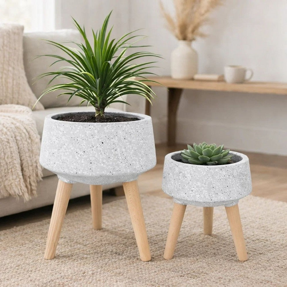 Indoor Outdoor Planter Set of 2 | Gray Terrazzo & Brown Wood Legs