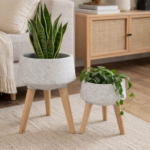 Indoor Outdoor Planter Set of 2 | Gray Terrazzo & Brown Wood Legs