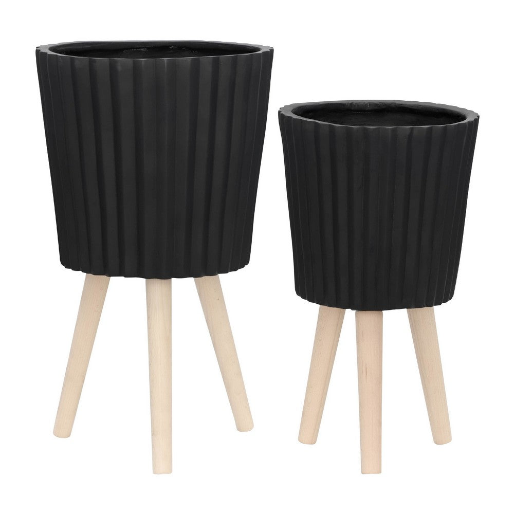 Indoor Outdoor Ridged Planter Set of 2 | Black & Brown Wood Legs