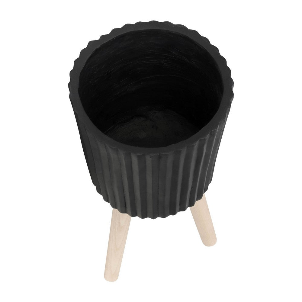 Indoor Outdoor Ridged Planter Set of 2 | Black & Brown Wood Legs