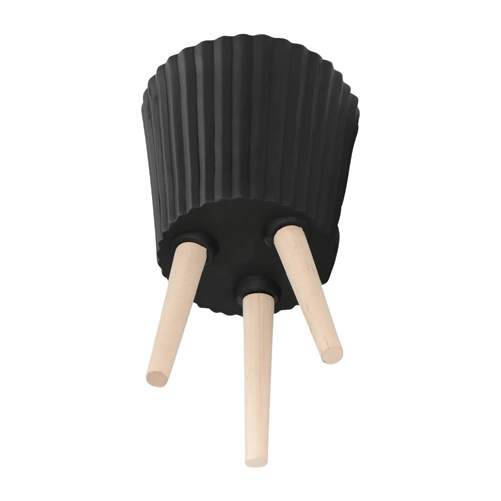 Indoor Outdoor Ridged Planter Set of 2 | Black & Brown Wood Legs