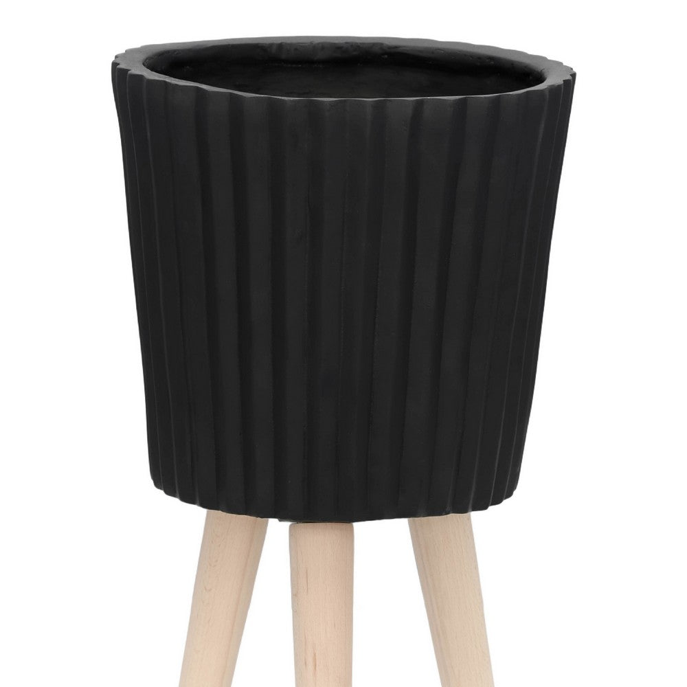 Indoor Outdoor Ridged Planter Set of 2 | Black & Brown Wood Legs