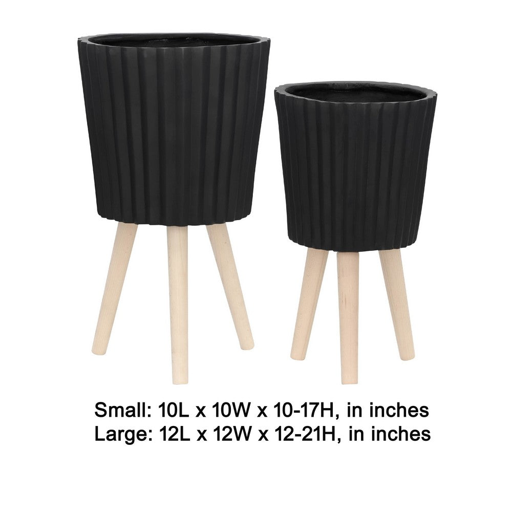 Indoor Outdoor Ridged Planter Set of 2 | Black & Brown Wood Legs
