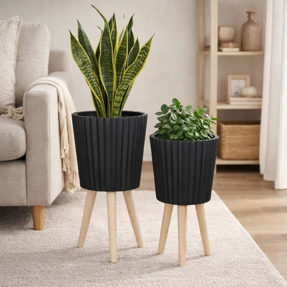 Indoor Outdoor Ridged Planter Set of 2 | Black & Brown Wood Legs