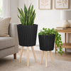 Indoor Outdoor Ridged Planter Set of 2 | Black & Brown Wood Legs