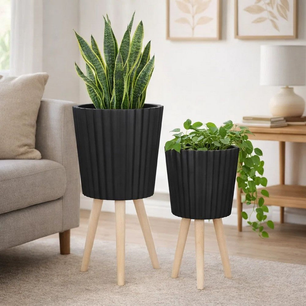 Indoor Outdoor Ridged Planter Set of 2 | Black & Brown Wood Legs