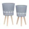 Indoor Outdoor Planter Set of 2 | Gray Diamond Art | Brown Wood Legs