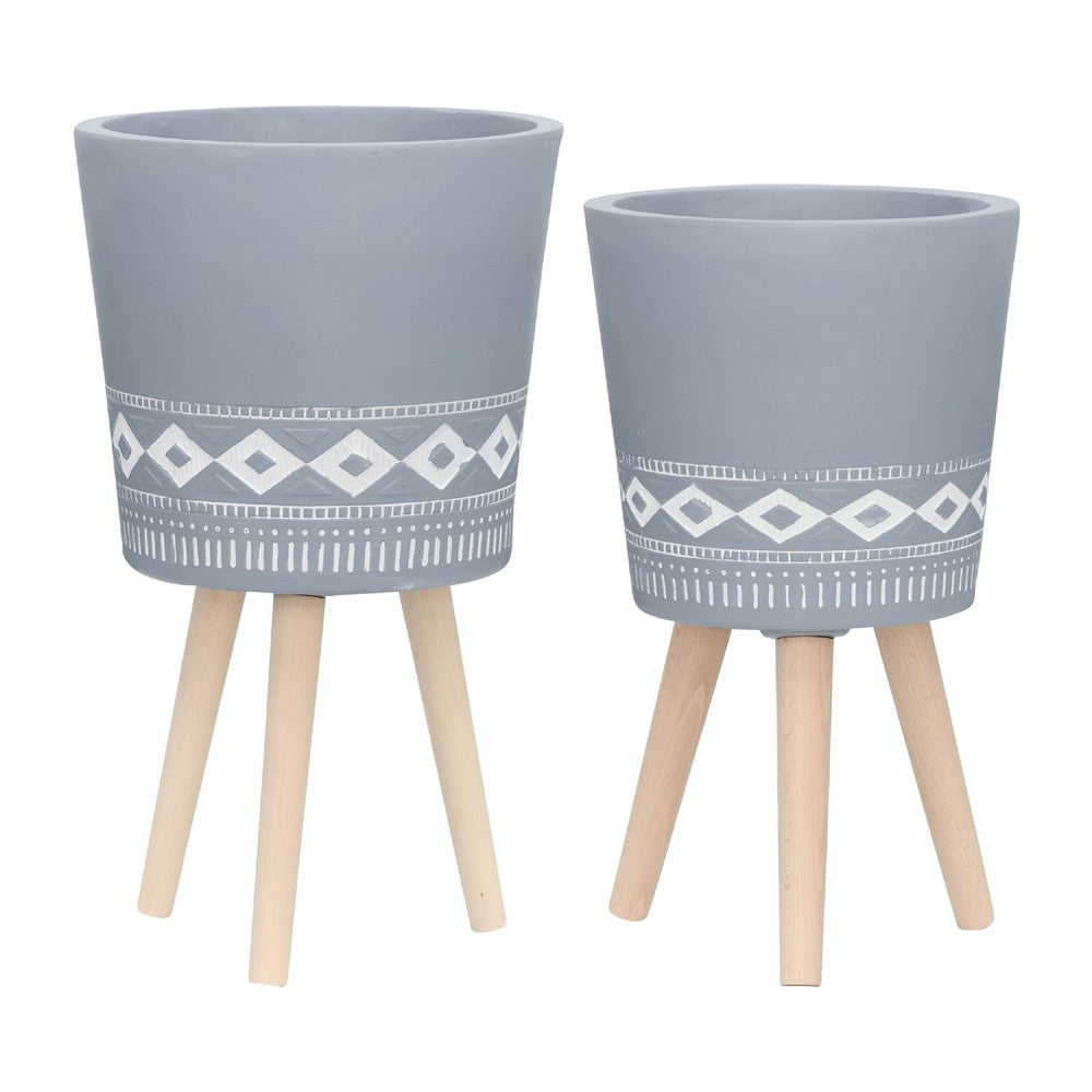 Indoor Outdoor Planter Set of 2 | Gray Diamond Art | Brown Wood Legs