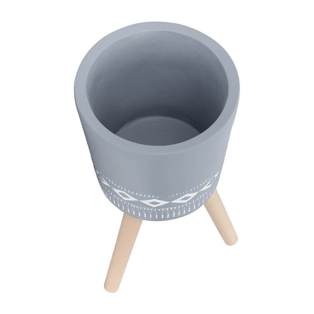Indoor Outdoor Planter Set of 2 | Gray Diamond Art | Brown Wood Legs