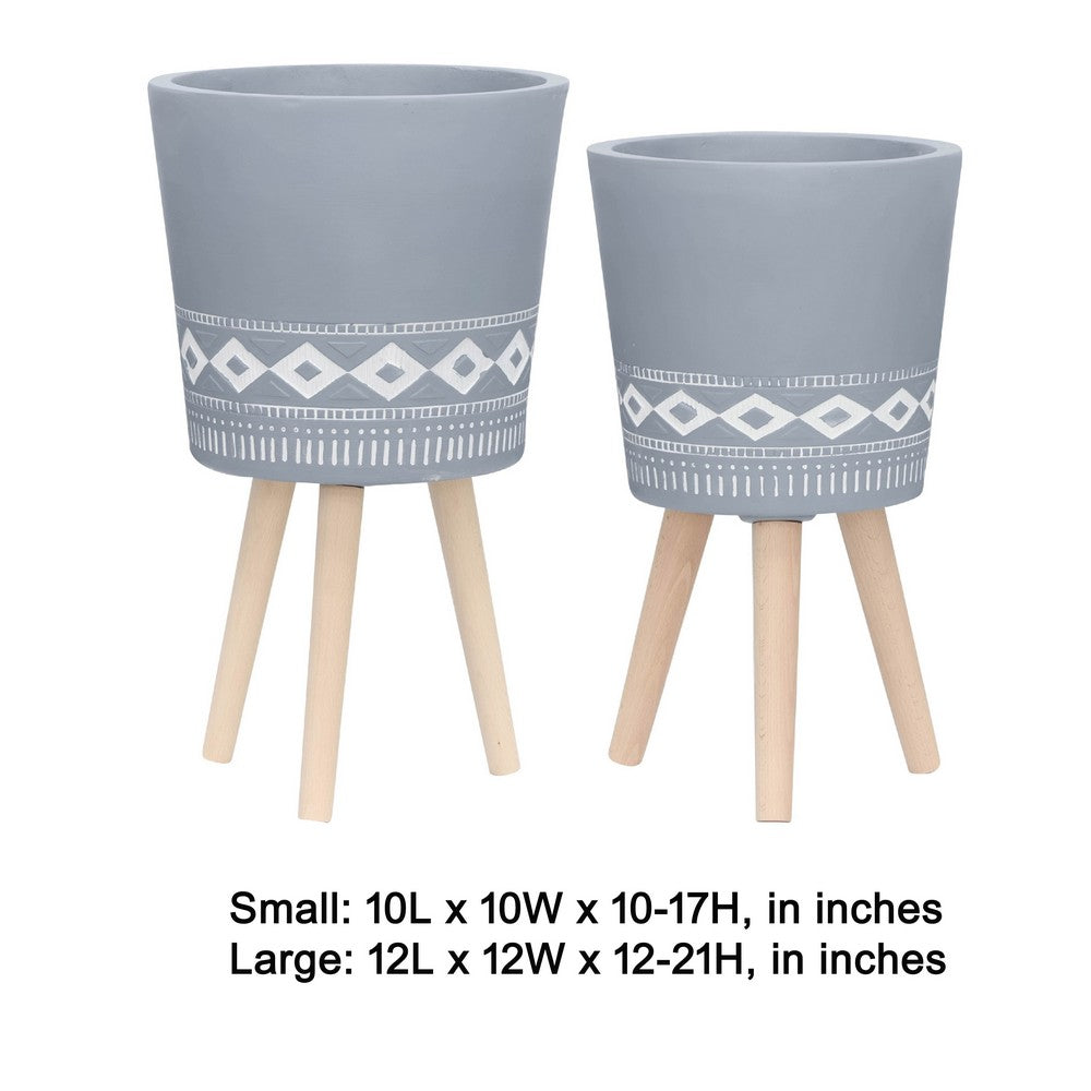 Indoor Outdoor Planter Set of 2 | Gray Diamond Art | Brown Wood Legs