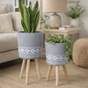Indoor Outdoor Planter Set of 2 | Gray Diamond Art | Brown Wood Legs