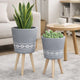 Indoor Outdoor Planter Set of 2 | Gray Diamond Art | Brown Wood Legs