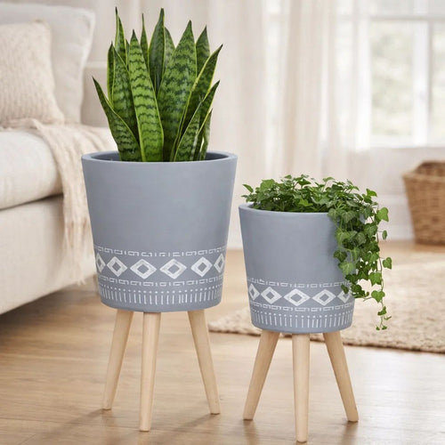 Indoor Outdoor Planter Set of 2 | Gray Diamond Art | Brown Wood Legs