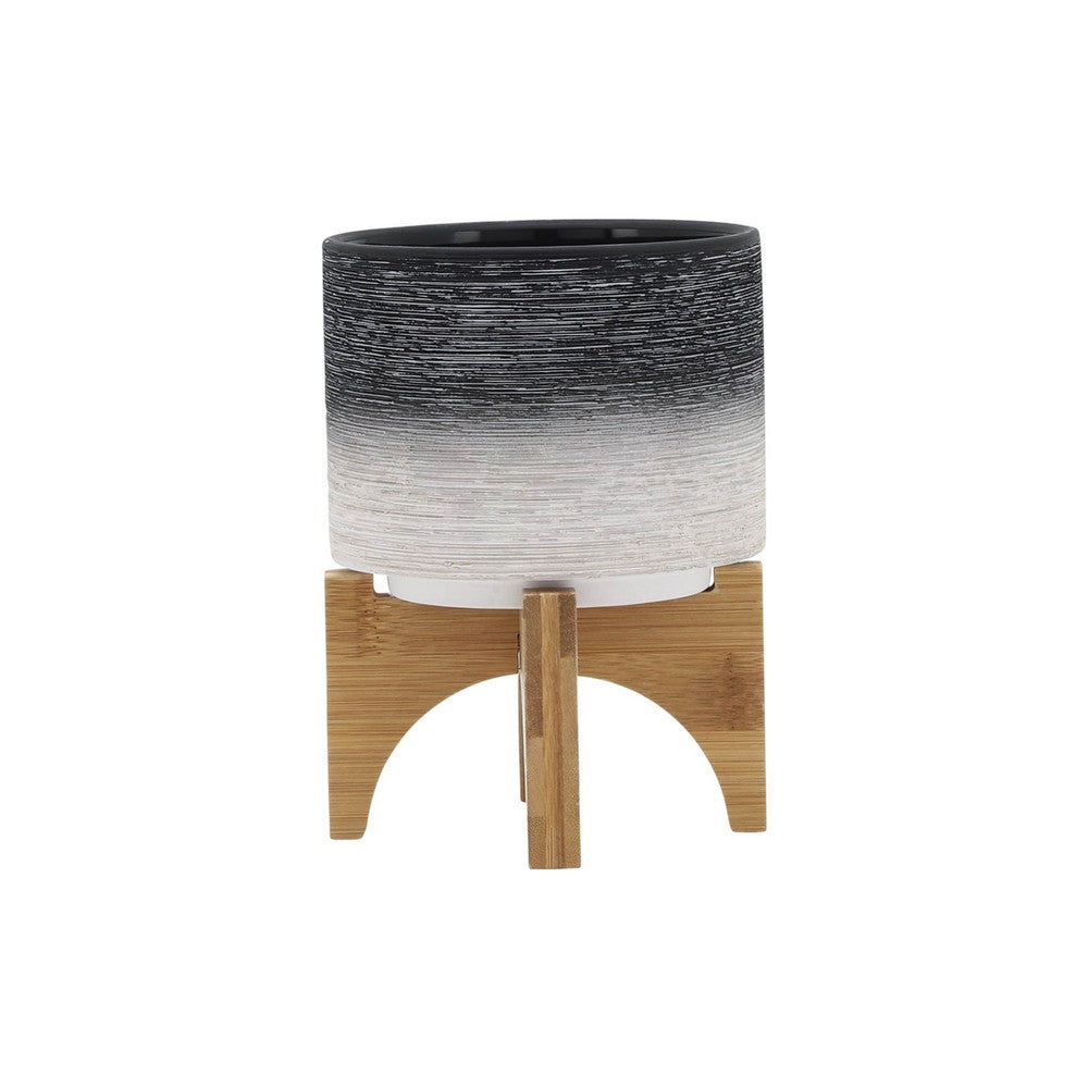 Indoor Planter with Natural Brown Wood Stand | 6" Gray Ceramic
