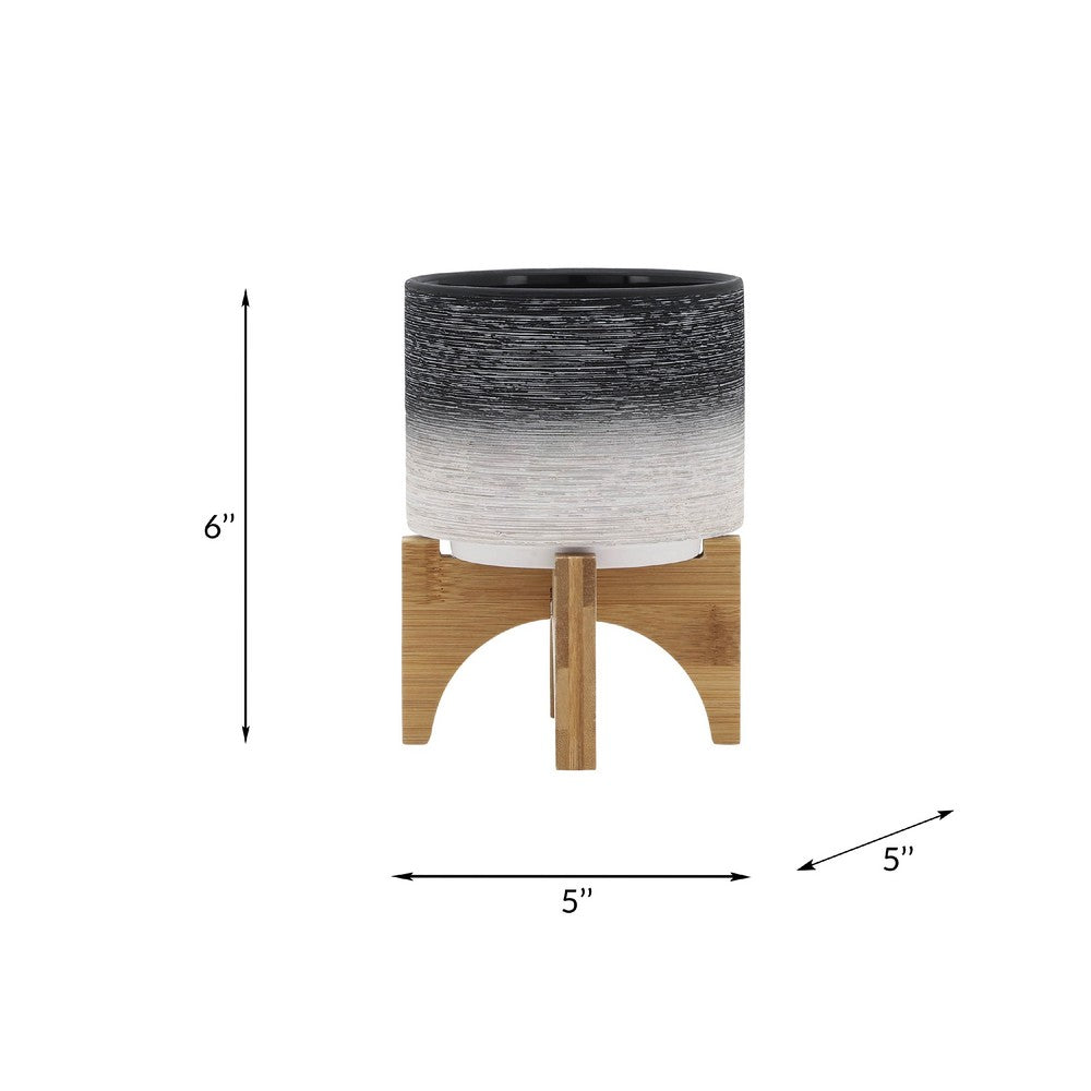 Indoor Planter with Natural Brown Wood Stand | 6" Gray Ceramic