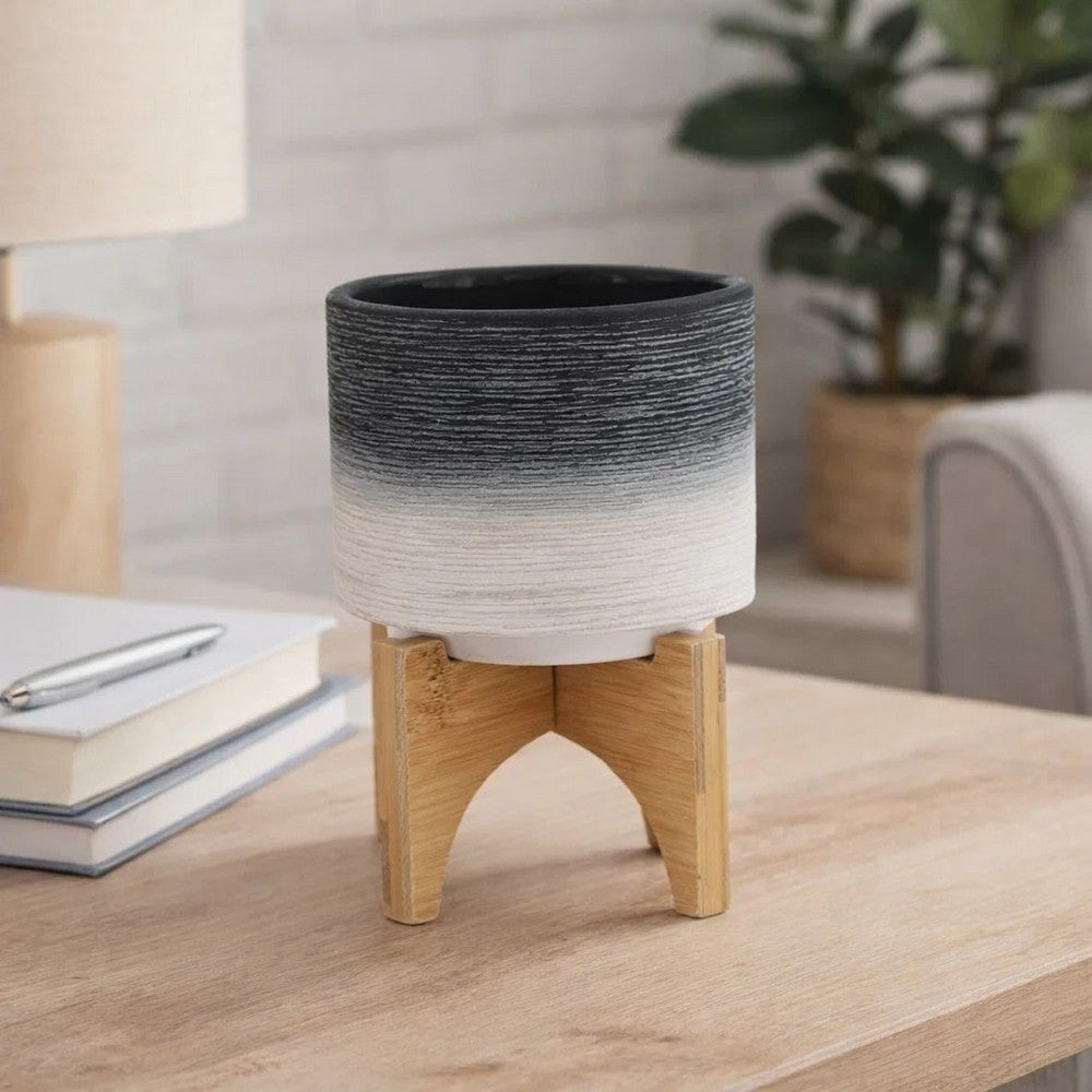 Indoor Planter with Natural Brown Wood Stand | 6" Gray Ceramic