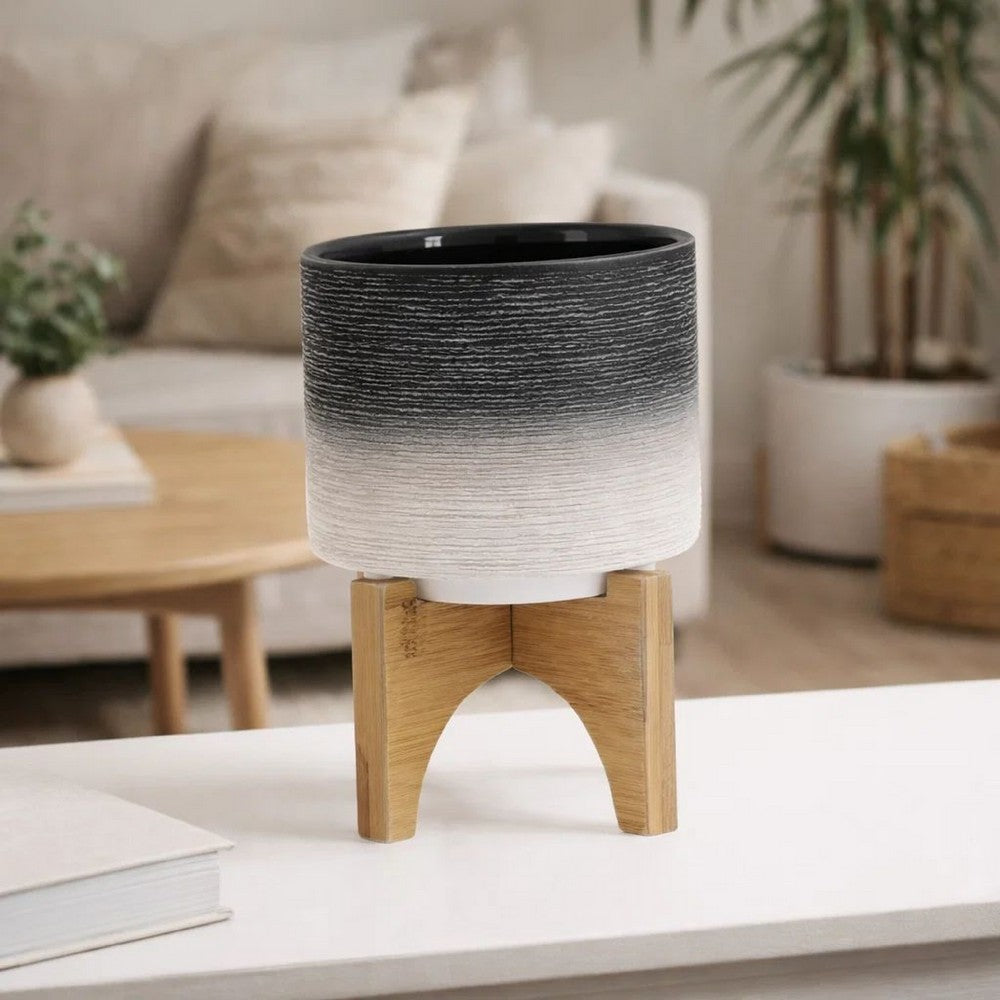 Indoor Planter with Natural Brown Wood Stand | 6" Gray Ceramic