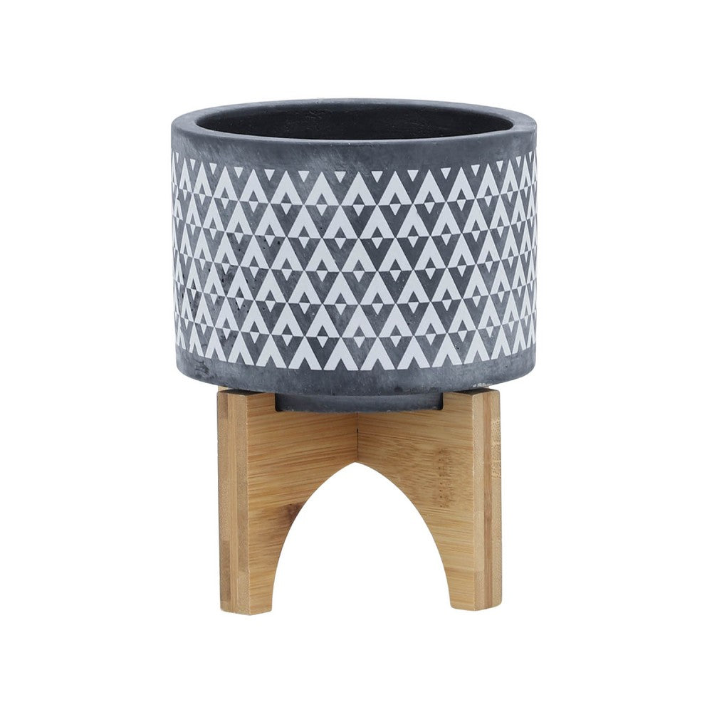 Indoor Planter on Brown Wood Stand | 6" Gray Aztec Printed Ceramic