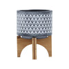 Indoor Planter on Brown Wood Stand | 6" Gray Aztec Printed Ceramic