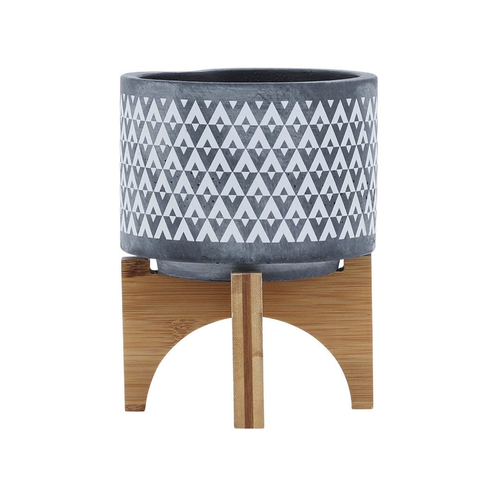 Indoor Planter on Brown Wood Stand | 6" Gray Aztec Printed Ceramic