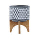 Indoor Planter on Brown Wood Stand | 6" Gray Aztec Printed Ceramic