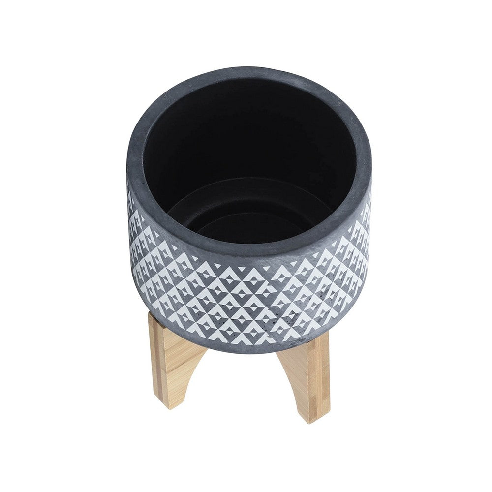 Indoor Planter on Brown Wood Stand | 6" Gray Aztec Printed Ceramic
