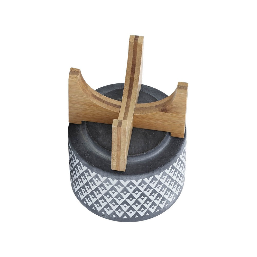 Indoor Planter on Brown Wood Stand | 6" Gray Aztec Printed Ceramic