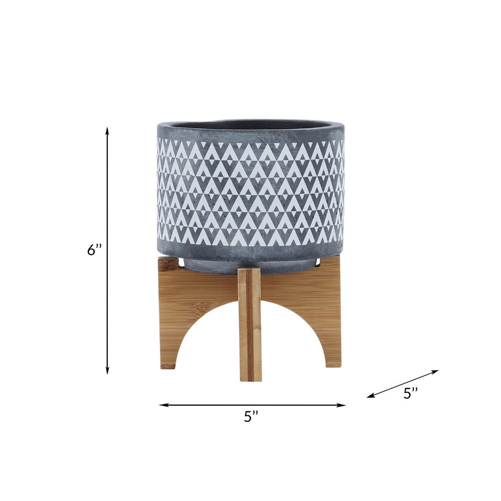 Indoor Planter on Brown Wood Stand | 6" Gray Aztec Printed Ceramic