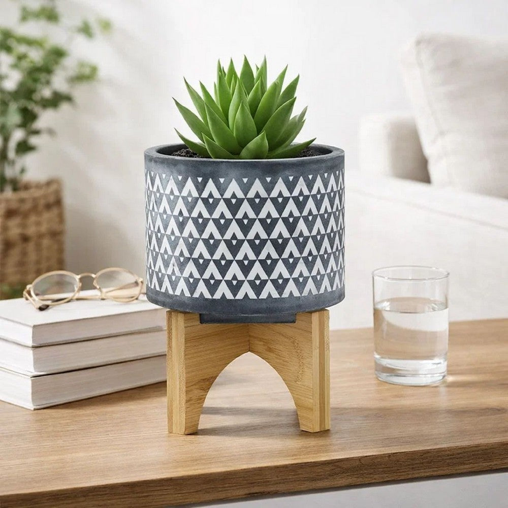 Indoor Planter on Brown Wood Stand | 6" Gray Aztec Printed Ceramic