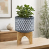 Indoor Planter on Brown Wood Stand | 6" Gray Aztec Printed Ceramic