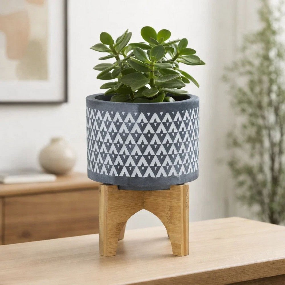 Indoor Planter on Brown Wood Stand | 6" Gray Aztec Printed Ceramic