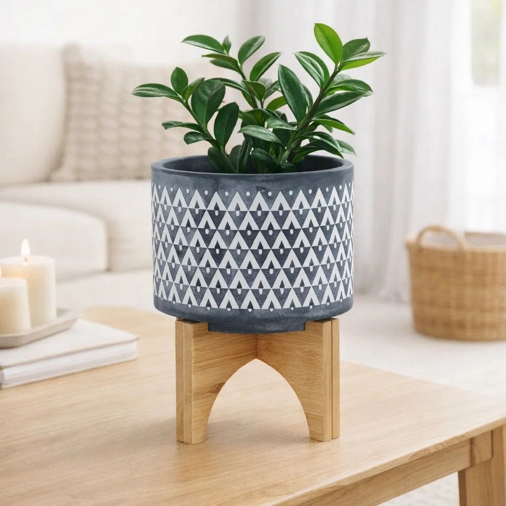 Indoor Planter on Brown Wood Stand | 6" Gray Aztec Printed Ceramic