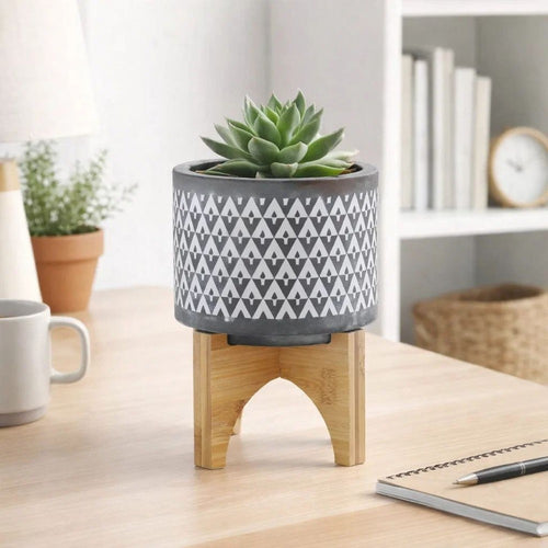Indoor Planter on Brown Wood Stand | 6" Gray Aztec Printed Ceramic