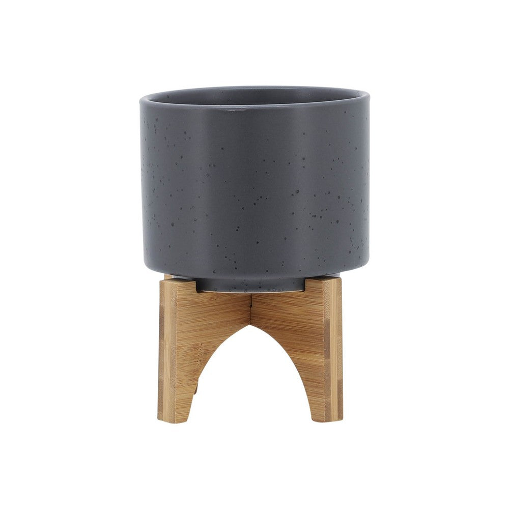 Indoor Planter on Natural Light Brown Wood Stand | 7" Gray Ceramic