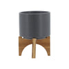 Indoor Planter on Natural Light Brown Wood Stand | 7" Gray Ceramic