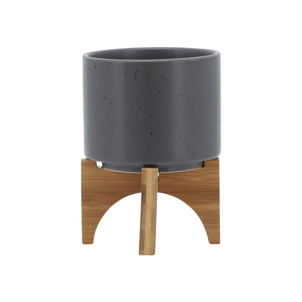 Indoor Planter on Natural Light Brown Wood Stand | 7" Gray Ceramic