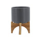 Indoor Planter on Natural Light Brown Wood Stand | 7" Gray Ceramic