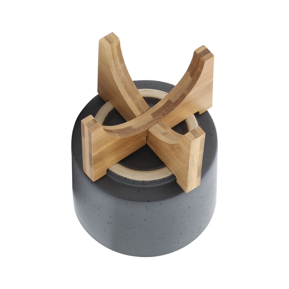 Indoor Planter on Natural Light Brown Wood Stand | 7" Gray Ceramic