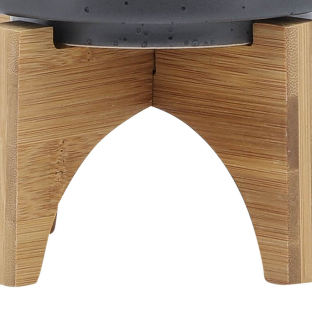 Indoor Planter on Natural Light Brown Wood Stand | 7" Gray Ceramic